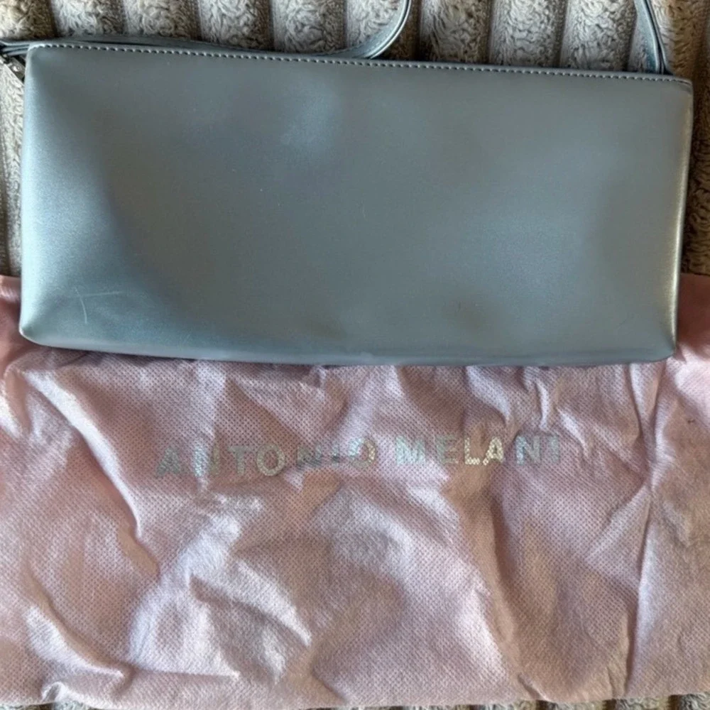 Antonio Melani Silver Metallic Leather Shoulder Bag Crossbody Rectangular Clutch